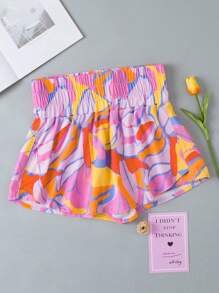 Acelitt Purple Abstract Print Smock Waist Casual Shorts - Multicolor - View 5