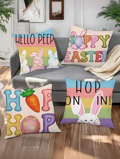 4pcs/1pc Easter Happy Pillowcase, Rabbit, Letter, And Easter Egg Pattern Cushion Cover, Party Decoration Pillowcase, Used For Decorating Living Rooms, Sofas, And Bedrooms | 18x18 Inches | Zipper Closure | Soft And Comfortable Fabric - , Fade Resistant, Machine Washable, Suitable For Easter Party Decoration, Spring Decoration, And Home Decoration. No Pillow Core