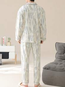 2 piezas Conjunto de pijama de manga larga para hombre para primavera y otoño, conjunto de dos piezas de cardigan con cuello con propiedades de humedad, ideal para vacaciones