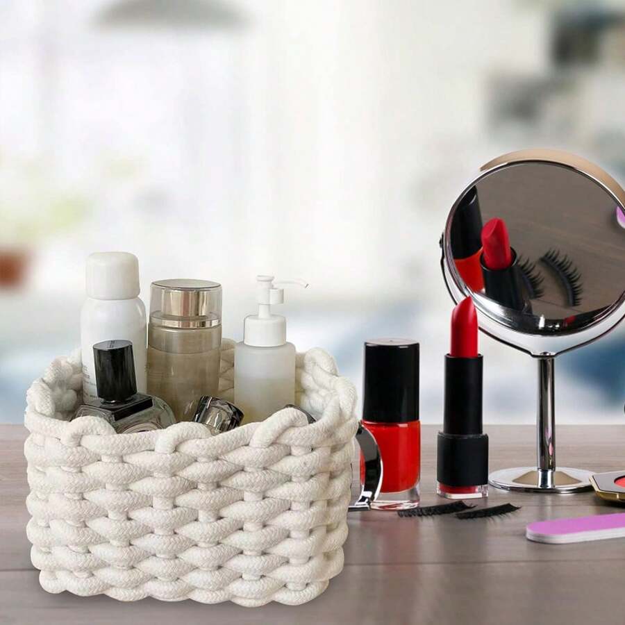 1pc Small Woven Basket Decorative Square Storage Basket Suitable For Pantry Shelf Living Room Rope Storage Bag