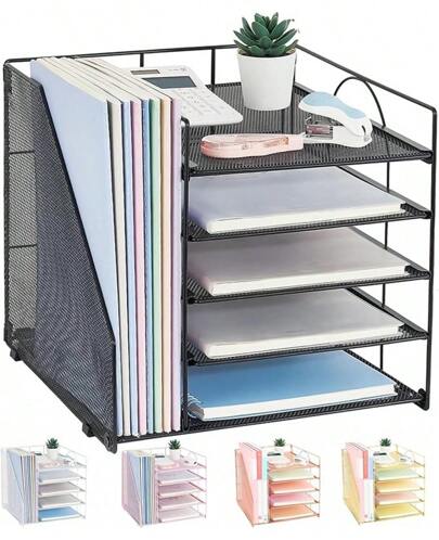 Desk Organizers And Accessories, 5-Tier Paper Letter Tray Organizer With File Holder, Desktop Organizer Office Supplies (Black)