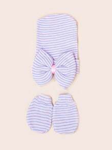1 Set 0-3M Newborn Infant Bow Decor Hospital Hat + Anti-Scratch Mittens, Soft, Comfortable, Suitable For Baby Casual Knitted Hat - 1Set - View 12