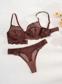 1 Set Women Solid Color Lace Comfortable Underwear Lingerie Bra And Panty Set