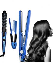 Kit Combo Plancha De Cabello Rizador Con Peine Nano Titanium - Azul - Ver 1