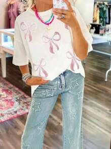 Spring Summer Sequin Bow Knot Drop Shoulder Tee