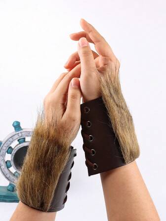 1 Pair Medieval PU Leather Armor Arm Warmers Fur Trim Bracer Lace-Up Arm Guards Viking Knight Gauntlet Wristband Cosplay Props