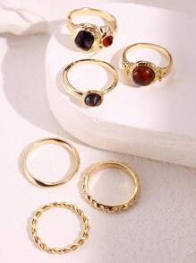 Set de 6 piezas de anillos geométricos de tamaño grande con gemas coloridas, elegantes y lujosos para mujeres
