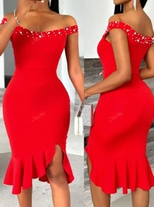 ChicMe فستان متوسط الطول ضيق بأكتاف مكشوفة وكشكش محلى بالخرز، أنيق وأنثوي لحفلات