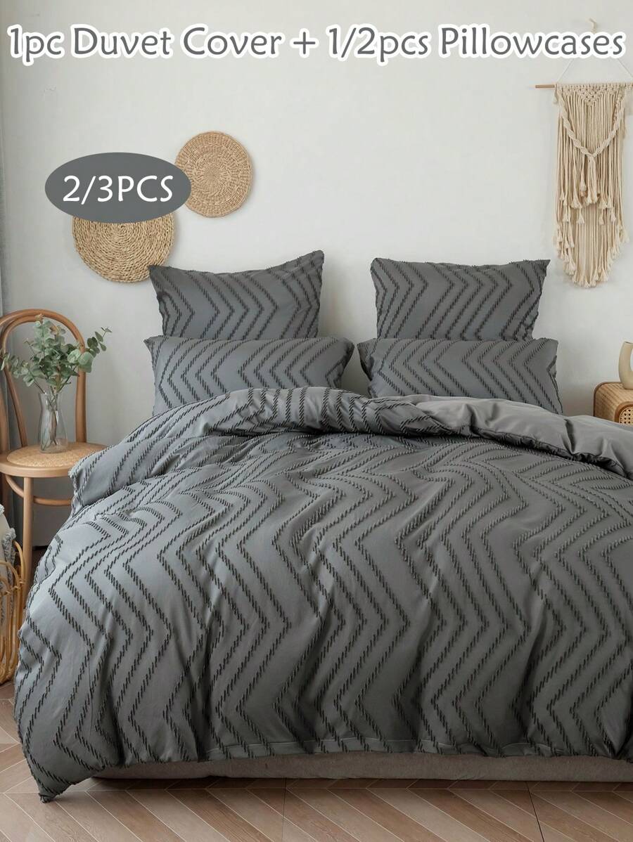 Set de funda nórdica de 2/3 piezas con rayas onduladas de poliéster con textura, conjunto de ropa de cama estilo bohemio apto para todas las estaciones (1 funda nórdica + 1/2 fundas de almohada)