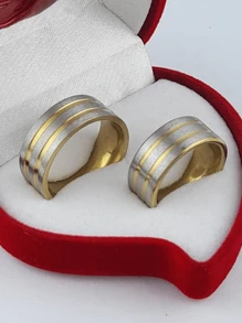 Pair Of Brushed Silver Wedding Rings, Inner Part And Wide Gold Stripes, Comes With Solitaire Ring And Box - 銀色 - 查看 4