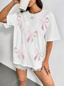 Spring Summer Sequin Bow Knot Drop Shoulder Tee