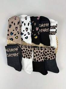 1/9 Pairs Women Leopard Print, Striped, Heart Shaped Fashion Stylish Casual Mid-Calf Socks Christmas Gift - Multicolor - View 4