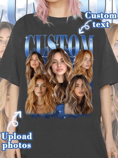 Camiseta de Streetwear Vintage de los 90 Personalizada, Impresión de Foto & Texto Personalizada, Regalo de Aniversario de Pareja y Cumpleaños, Estética de Rap Bootleg