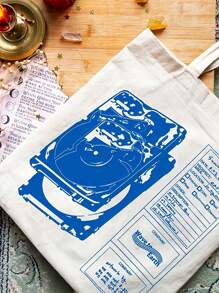 1pc "Wave To Earth Summer Flows" Pattern Retro Record Graphics Canvas Tote Bag, Reusable Shopper Bag For Men And Women, Canvas Top Handle Bag Hand Bag Print Shoulder Bag - Multicolor - View 5