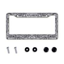 原装灰色骷髅花朵图案牌照框金属铝防锈汽车配件，2 个孔配螺丝帽，适合美国和加拿大标准，男女皆宜