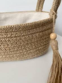 1 件手工编织黄麻绳桌面收纳篮，装饰性收纳篮，带手柄，用于桌面杂物，大容量流苏设计