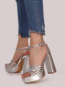 P.U. SANDAL WITH A THICK HEEL HEIGHT OF 12.5 Cm AND A 3.8 Cm PLATEAU, VERY ELEGANT FOR EVENINGS AND/OR PARTIES. Stylish Sandals Summer Sandals For Women - Silver - View 1