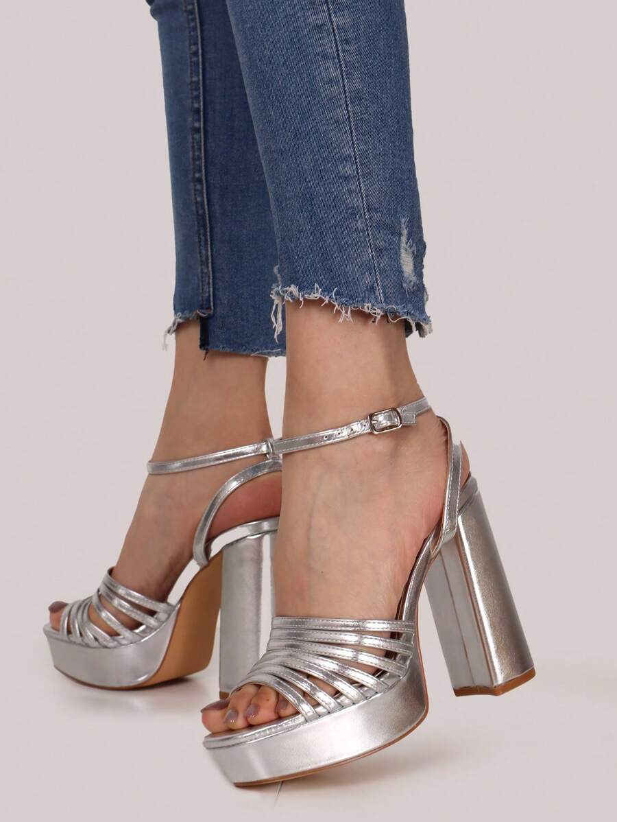 P.U. SANDAL WITH A THICK HEEL HEIGHT OF 12.5 Cm AND A 3.8 Cm PLATEAU, VERY ELEGANT FOR EVENINGS AND/OR PARTIES. Stylish Sandals Summer Sandals For Women - Silver - View 1