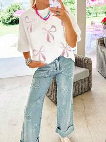 Spring Summer Sequin Bow Knot Drop Shoulder Tee