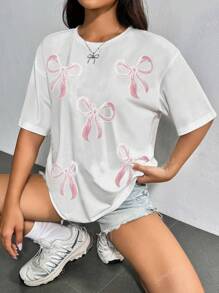 Spring Summer Sequin Bow Knot Drop Shoulder Tee