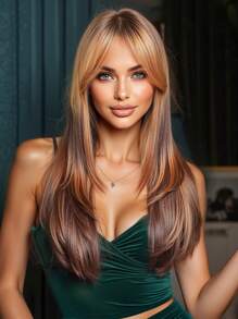 Perruque femme élégante, stylée et naturelle en fibre chimique de couleur dégradée, cheveux longs de 20 pouces, coupe de cheveux verticale en couches naturelle avec frange. Matériau synthétique résistant à la chaleur, convient pour les vacances, les voyages, les fêtes de famille, les rôles et l'usage quotidien - Ombré - Voir 1