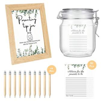 62Pcs BabyShower Games Set For Gender Revealing Party, Advice And Wishes Babyshower To Parenting Tip Jar Sign For New Parents, 50 Pcs Parenting Advice Cards, 10 Pcs Pencils And 1 Pc Bottle For New Parents Guests