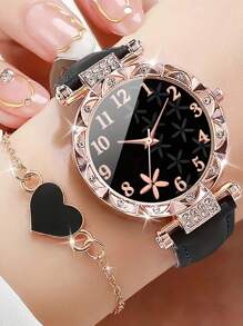 5 件套：休闲水钻心形手表、黑色心形项链、手链和耳环首饰套装、儿童派对/休闲手表套装、儿童礼物 - 黑色 - 查看 2