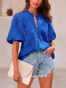 Women's Summer Top Fashion Casual Lantern Short Sleeve V-Neck Button Hollow-Out Lace Embroidery Shirt - 藍色 - 查看 1