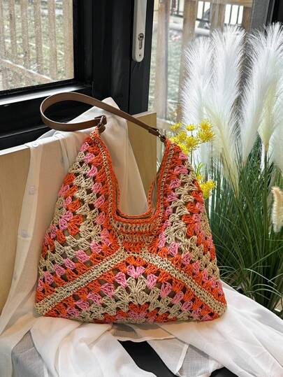 حقيبة كتف/تحمل كبيرة السعة نسائية بأسلوب البوهيمي المنسوج من القش، مثالية للمراهقات والطالبات في الجامعة أو للشاطئ والأنشطة الخارجية، للمدرسة والكلية والسفر والتسوق والخروجات