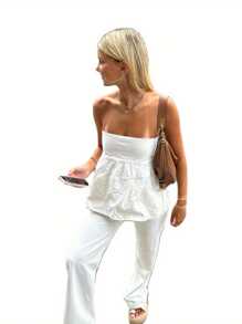 Women Off Shoulder Strechable Pure Color A-Line Loose Hem Tube Tops - White - View 2