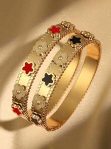 1pc Fashionable Floral Stainless Steel Golden Plated Bracelet, Water-Resistant Ladies Bangle