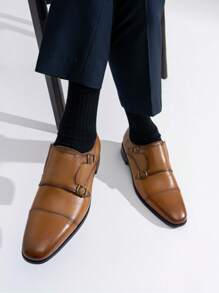 SHOESMALL Men's Dress Loafers Leather Double Monk Strap Oxford Slip On Cap Toe Dress Brown Shoes For Men - AMY9028-nâu - Xem 2