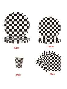 10pcs Black And White Checkered Tableware Set For Racing Car Table Decorations Supplies Race Sports Themed Dessert Plates Race-Car Party Napkins Cups For Birthdays Game Day And Racing-Themed Parties - Multicolor - View 8