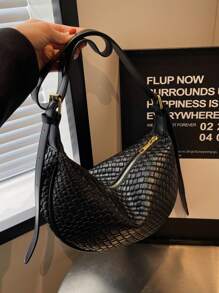 Fashionable New Women's Oblique Shoulder Bag, Solid Color Minimalist PU Woven Texture, Suitable For Dating, Shopping, Versatile & Elegant - Black - View 4