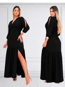 Women's Long Dress In Duna Fabric With Slit, 3/4 Sleeves, And Elegant Opening - màu đen - Xem 3