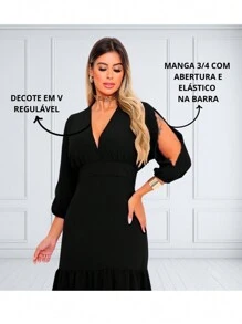 Women's Long Dress In Duna Fabric With Slit, 3/4 Sleeves, And Elegant Opening - màu đen - Xem 4