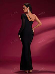 Robe longue asymétrique à col fleuri, robe de soirée élégante, robe d'invitée de mariage, robe de cérémonie