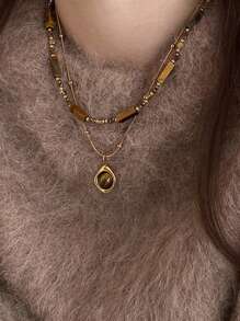 Retro Elegant Layered Tiger Eye Stone Pendant Necklace For Women Stainless Steel Double-Layer Collarbone Chain Sets Jewelry, Ladies' Daily Party Accessories, Fashionable Jewelry, Best Friend Gifts(Natural Stone Color Random)