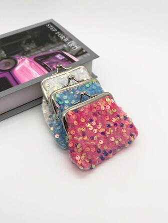 亮片钱包 - 时尚双夹锁钱包 紧凑型钥匙和卡片收纳袋 鲜艳色彩（粉色、蓝色、白色） 紧凑型收纳袋 安全收纳袋 女士钱包 迷你钱包 钱包 零钱包