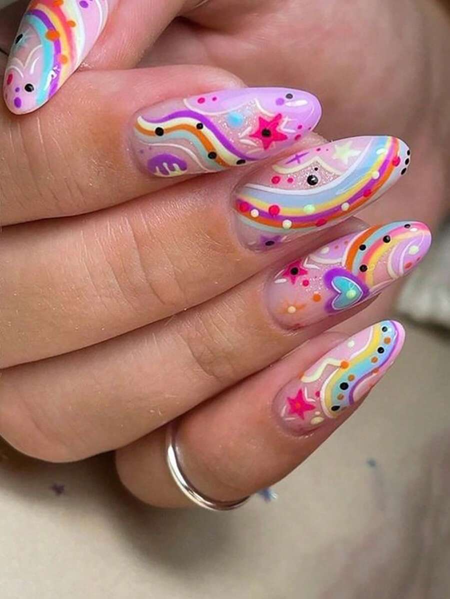 24片杏仁形指甲，创意有趣彩色彩虹星球星空假指甲美甲，按压指甲。美甲用品