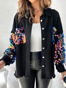 ChicMe Contrast Color Sequin Long Sleeve Jacket, Button Front, Fuzzy Hem, Loose Shirt Style Top - Multicolor - View 6
