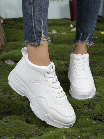 Damskie białe trampki, buty codzienne/sportowe, gruba podeszwa, antypoślizgowe, skórzane, platforma, buty studenckie