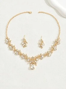 3 Pieces/Set Gold Rhinestone Flower Diamond Necklace And Earring Set, Suitable For Multifunctional Jewellery For Wedding Brides, A Gift For Others, Ideal For Wedding Parties And Proms. - Multicolor - View 9