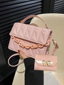2024 New Fashion Shoulder Diagonal Simple Diamond Grid Popular Handbag With Detachable Strap - Pink - View 6
