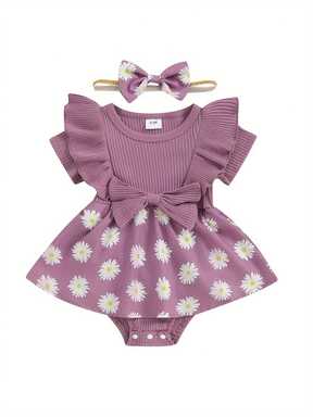 Vestido de bebé niña con estampado de margaritas, mono de manga corta con cuello redondo y lazo en la diadema