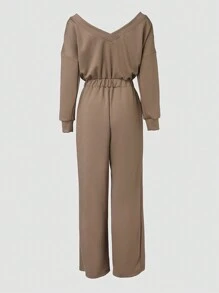 Off Shoulder V-Back Jumpsuit Stretchy Waist Pocket Design Casual Jumpsuit - Coffee Brown - View 5