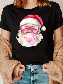 PAYEAH 1pcs 100% Cotton Cute Vintage Santa Claus Christmas Blow Bubble Gum Print T-Shirt Women's Tee Women's Comfit T-Shirt Fit For Spring & Summer, Women's Clothing Cotton 220g Heavy Cotton T Shirt