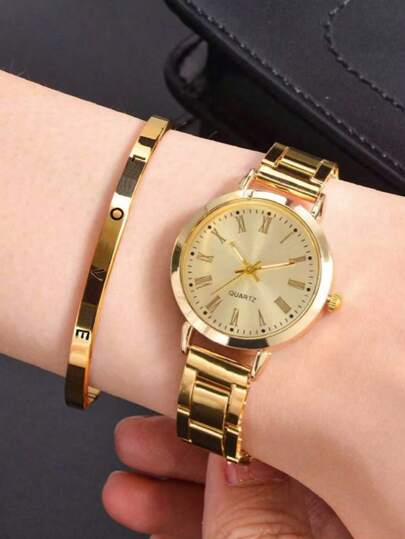 Goud Alloy Strap Roman Alphabet Scale Dial Quartz Horloge LOVE Bracelet Set Wear Or Holiday