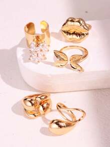 Set de 5 anillos de lujo únicos y elegantes con geometría exquisita, perlas falsas y mariposas y flores para los labios, adecuado para festivales, fiestas y uso diario