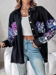 ChicMe Chaqueta de manga larga con bloqueo de color, parches de lentejuelas, cierre con botones y dobladillo con flecos - Azul - Ver 5
